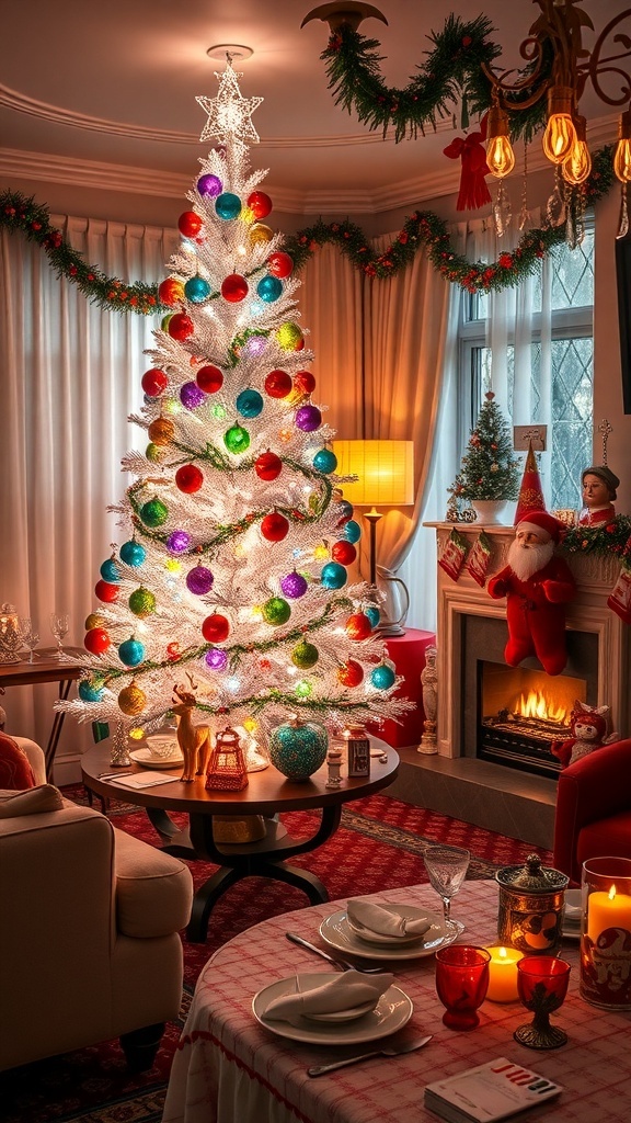 Vintage 1950s Christmas Decorations Guide A vintage 1950s Christmas living room with an aluminum tree, colorful ornaments, and retro decorations.